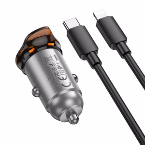 Автомобильное зарядное устройство Hoco USB C QC PD 30W + кабель USB C to Lightning NZ16 металл серое