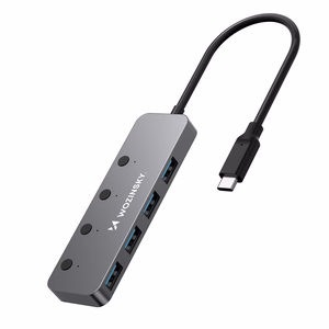Hall alumiiniumist 4 × USB-A 3.0 jaotur Wozinsky WHS080YSS eraldi lülitite ja 15 cm USB-C-kaabliga