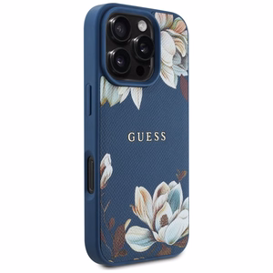 Guess Grained Printed Flower Pattern MagSafe ümbris jaoks iPhone 16 Pro sinine