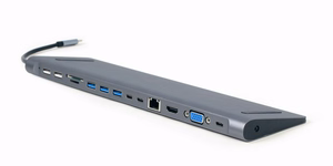 Gembird A-CM-COMBO9-01 USB Type-C 9-in-1 mitmepordiline adapter (USB-jaotur + HDMI + VGA + PD + kaardilugeja + LAN + 3.5 mm heli), kosmosehall