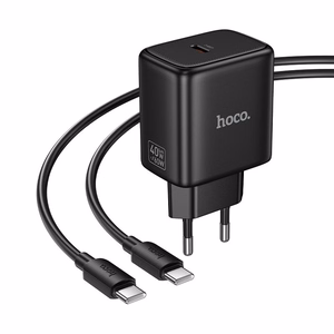 GaN зарядное устройство для телефона Hoco USB C PD AVS 40W max 60W с кабелем USB C на USB C N83 черное
