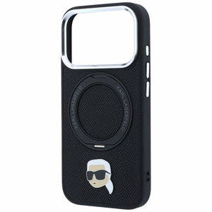 Must Karl Lagerfeldi MagSafe-ümbris 360° rõngasaluse ja Karli pea embleemiga iPhone 18 Pro Max / 17 Pro Max telefonile