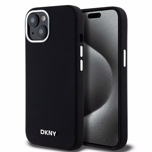 DKNY Liquid Silicone Small Metal Logo MagSafe Ümbris jaoks iPhone 15 Plus / 14 Plus - Must