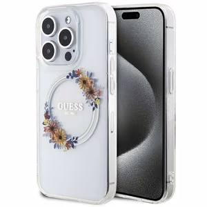 GUESS ümbris jaoks IPHONE 15 Pro compatible with MagSafe GUHMP15LHFWFCT (Flowers Wreath) läbipaistev