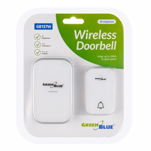 GreenBlue GB157 W Kinetic Battery-free Wireless Door Bell, Melodies, White, Range up to 200m, IP44