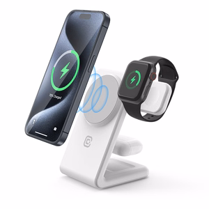 Crong MagSpot Pivot Stand kolm-ühes juhtmevaba laadija iPhone'ile, Apple Watchile ja AirPodsidele, MagSafe'iga ühilduv, valge