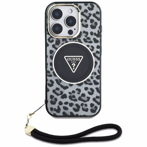 Guess HC IML Leopard Triangle Cord Strap MagSafe Ümbris jaoks iPhone 16 Pro - must