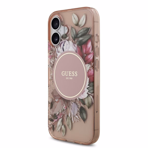 Чехол Guess IML Flowers Strap MagSafe для Apple iPhone 17, розовый
