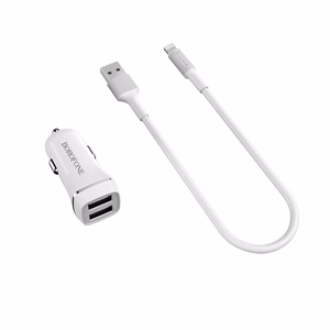 Borofone BZ2 Joyroad autolaadija 2 USB-A pordiga, 12 W, Lightning-kaabliga, valge