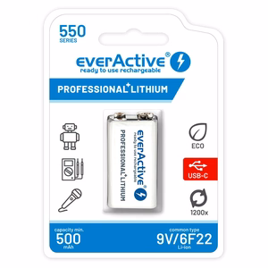 everActive 6F22/9V Li-ion 550 mAh laetav aku USB Type-C-ga