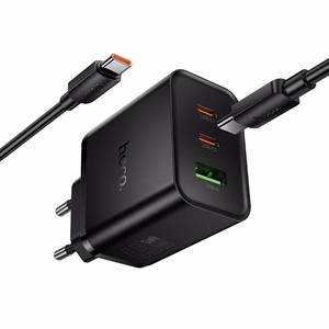 telefoni laadija Hoco 2x USB C + USB A QC3.0 PD 3A 65W + andmekaabel USB C to USB C N75 must