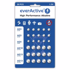 Mini aluseliste akude komplekt everActive 10 x G3 / LR41, 5 x G4 / LR626, 5 x G10 / LR1130, 10 x G13 / LR1154