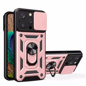 iPhone 15 Pro Max Hybrid Armor Camshield Чехол с подставкой и защитой камеры - розовый