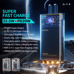 WEKOME WP-323 Vanguard Series akupank, 10000 mAh, PD 20 W + QC 22,5 W, sisseehitatud USB-C- ja Lightning-kaablitega, must ja läbipaistev