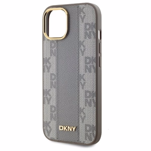 DKNY Leather Checkered Mono Pattern MagSafe iPhone 15 Plus Ümbris - Beige