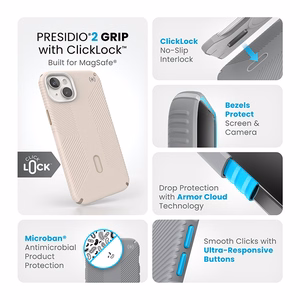 Speck Presidio2 Grip MagSafe ümbris ClickLock-tehnoloogiaga seadmele iPhone 15 Plus / 14 Plus, Bleached Bone / Heirloom Gold värvitoonis