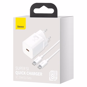 Laadija Baseus Super Si 25W USB-C + USB-C to USB-C kaabel 1.0m valge TZCCSUP-L02