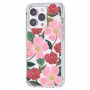 Rifle Paper Clear ümbris seadmele iPhone 14 Pro, kuldset tooni kaunistusega, Rose Garden mustriga