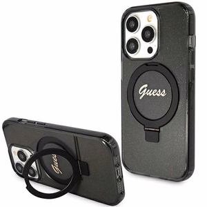 Оригинальный чехол-накладка Guess GUHMP15XHRSGSK для iPhone 15 Pro Max (совместимый с MagSafe / Glitter Script Logo / Ring stand / чёрный)