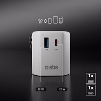 SBS TEADAPTUSBTCUNI USB-C USB-A Universal Travel Adapter - Valge