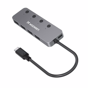 Hall alumiiniumist 4 × USB-A 3.0 jaotur Wozinsky WHS080YSS eraldi lülitite ja 15 cm USB-C-kaabliga