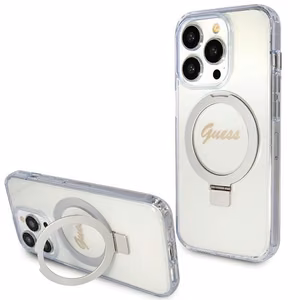 GUESS ümbris jaoks IPHONE 15 Pro compatible with MagSafe GUHMP15LHRSGSD (Glitter Script Logo Ring stand) läbipaistev