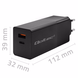 Qoltec 52382 GaN POWER PRO laadija | 1xUSB type C | 1xUSB A | 100W | 5-20V | 1.5-5A | PD | must