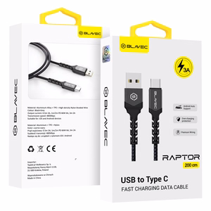 Blavec Kaabel Raptor braided - USB to Type C - 3A 2 metres Apple CarPlay/Android Auto (CRA-UC3BG20) must-hall
