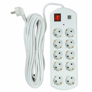 Extension cord 10m, 10 sockets, 2x USB, koos switch