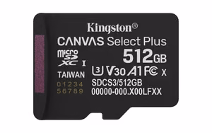 Kingston Technology 512GB microSDXC Canvas Select Plus Gen3 150MB/s A1 kaart + adapter