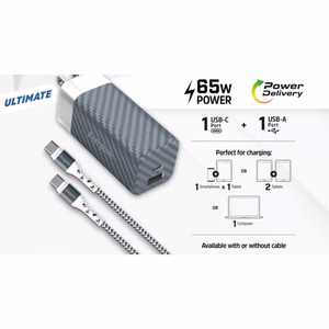 Energizer Ultimate A65MUC GaN reisilaadija EU / UK / US pistikutega, USB-C + USB-A, 65 W PD, USB-C-kaabliga, must
