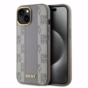 DKNY Leather Checkered Mono Pattern MagSafe iPhone 15 Ümbris - Beige