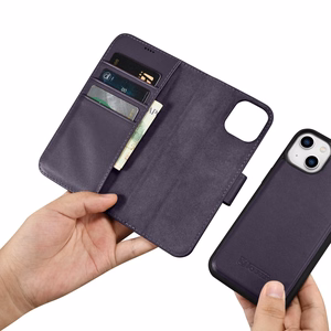 iCarer Rahakott ümbris 2in1 Case iPhone 14 nahast Flip Cover Anti-RFID tumelilla (WMI14220725-DP)