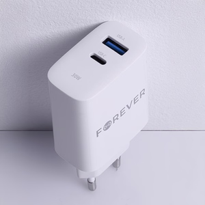 Forever TC-07-30AC PD QC laadija 1x USB-C 1x USB 30W valge + USB-C - USB-C kaabel 60W