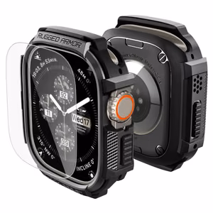 Spigen Rugged Armor ümbris ja 9H karastatud klaas Apple Watch Ultra 49 mm jaoks, matt must