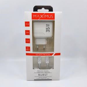 WALL CHARGER MX BURST GaN PD 35W, 2xUSB-C + C/LIGHTNING PD CABLE 20W  WHITE