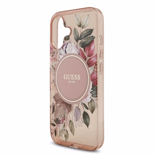 Чехол Guess IML Flowers Strap MagSafe для Apple iPhone 17, розовый