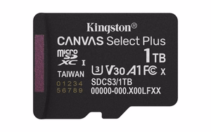 Kingston Technology 1TB microSDXC Canvas Select Plus Gen3 150MB/s A1 kaart + adapter