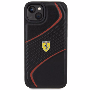 Ferrari Twist Metal Logo ümbris jaoks iPhone 15 Plus - must