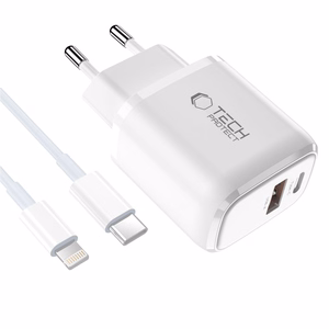 Tech-Protect NCA30 PD 30W QC3.0 USB-A / USB-C Wall Laadija + USB-C / Lightning Kaabel 100cm - valge