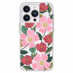 Rifle Paper Clear ümbris seadmele iPhone 14 Pro, kuldset tooni kaunistusega, Rose Garden mustriga