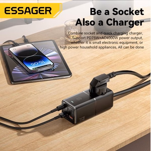Laadija Essager Boru GaN must 75W (3xPD / 2xQC3.0 / 4kW-16A-250V)