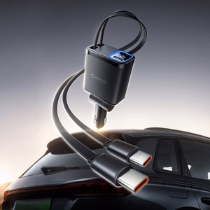 Orico Twin Reach 45W USB-A + USB-C autolaadija kahe sissetõmmatava USB-C kaabliga - must
