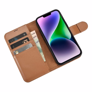 iCarer Rahakott ümbris 2in1 ümbris iPhone 14 nahast ümbris klapiga Anti-RFID pruun (WMI14220725-BN)