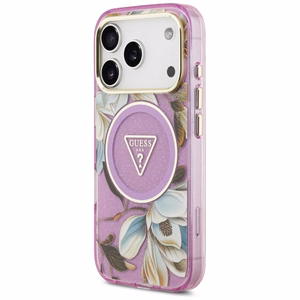 Guess IML Glitter Flowers Triangle MagSafe ümbris mudelile iPhone 17 Pro / 18 Pro – lilla
