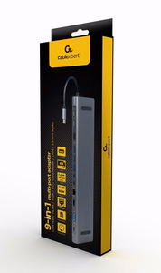 Gembird A-CM-COMBO9-01 USB Type-C 9-in-1 mitmepordiline adapter (USB-jaotur + HDMI + VGA + PD + kaardilugeja + LAN + 3.5 mm heli), kosmosehall