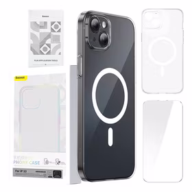 Telefoni ümbris Baseus Magnetic Crystal Clear iPhone 13-le (läbipaistev) koos klaasist ekraanikaitsega ja puhastuskomplektiga
