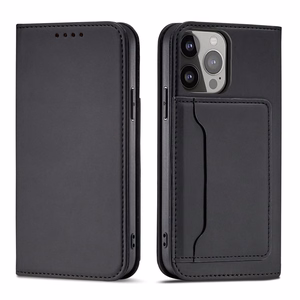 Magnet Card Case puhul iPhone 14 flip kate rahakott seisma must