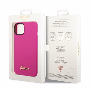Guess silikoonist Vintage Gold Logo ümbris iPhone 14 / 15 Plus fuksia