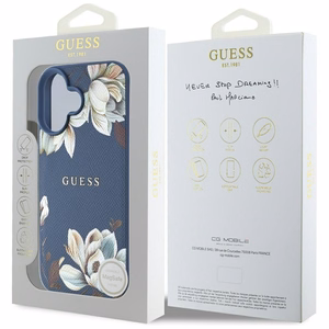 Guess Grained Printed Flower Pattern MagSafe ümbris jaoks iPhone 16 sinine
